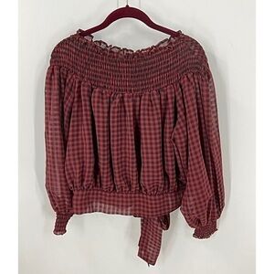 Vici Red/black check boHo cottage core smocked off shoulder crop blouse S